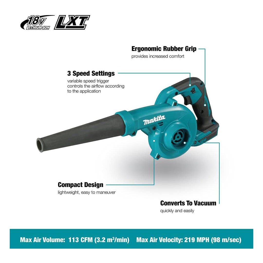 Makita DUB185 18V LXT Cordless Blower – Comes with Dust Collection Bag & Two 5.0Ah Battery Packs.